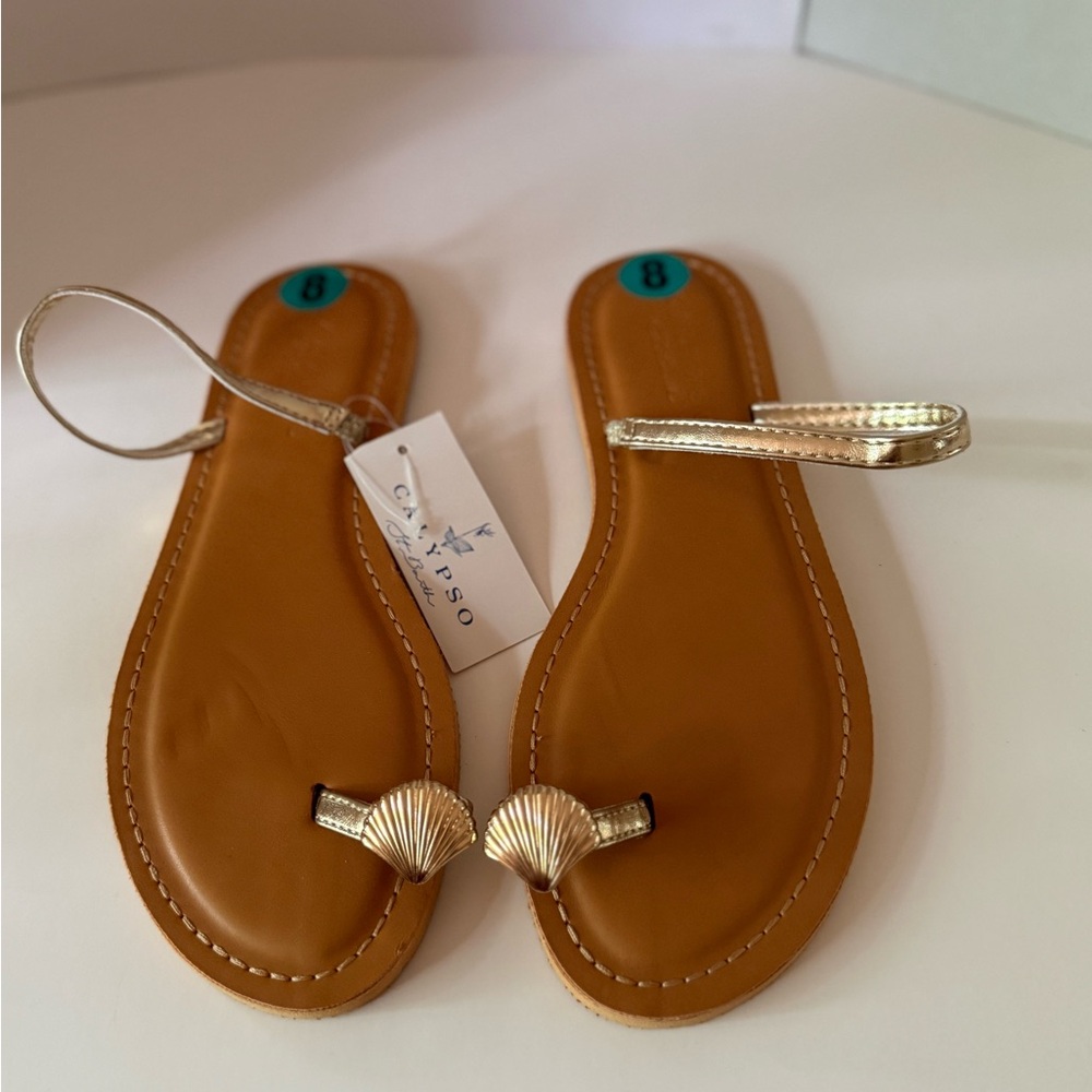 Calypso St. Barth Soft Gold/Tan Sandals with Gold Shell Accents Women’s 8 NEW